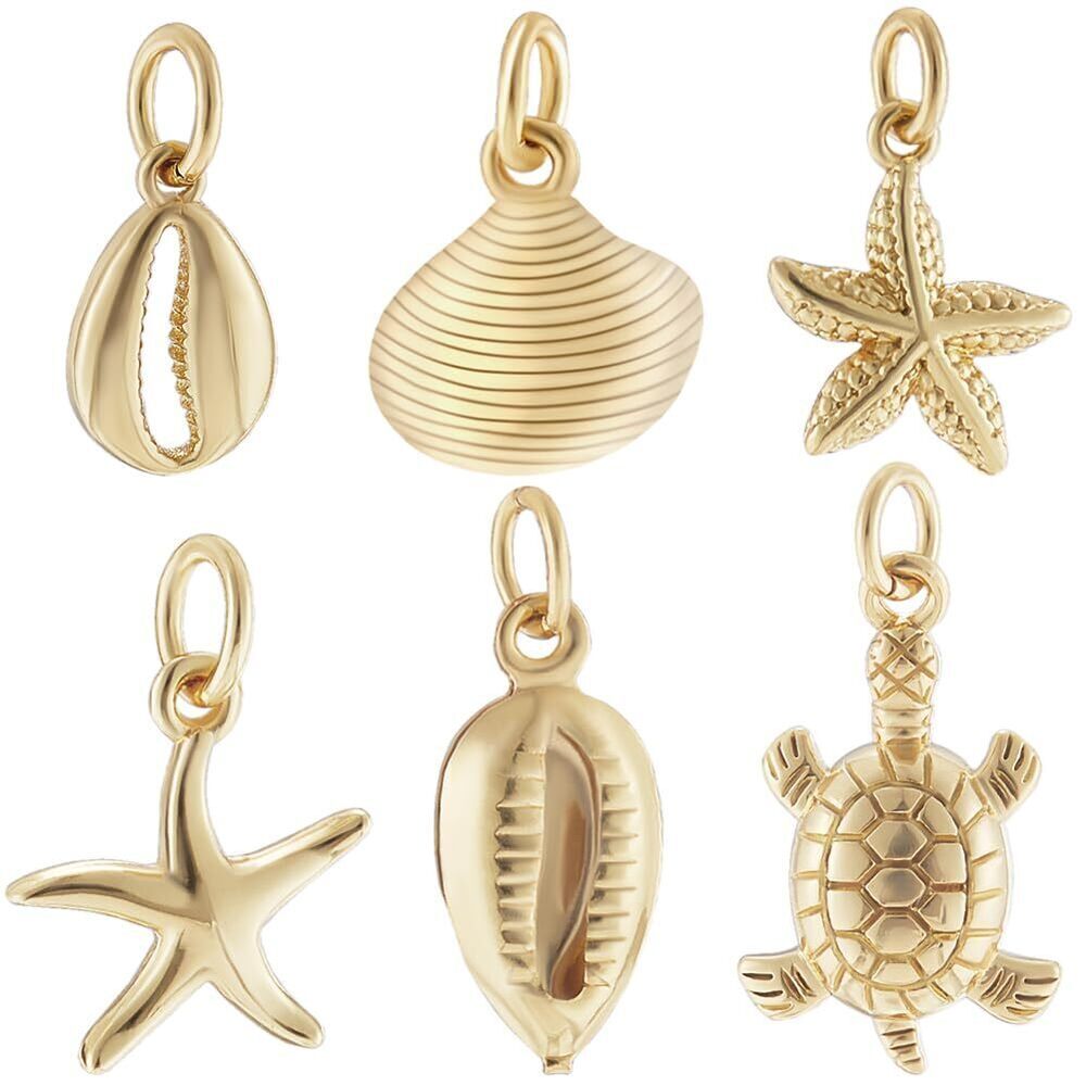 8113 24Pcs 6 Styles Small Shell Starfish Tortoise Charm 18K Gold Plated